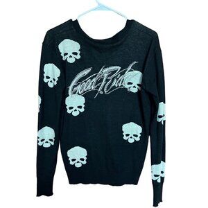 Pol Size Medium Skull Cardigan Sweater Bling Rhinestone Good Ride Applique